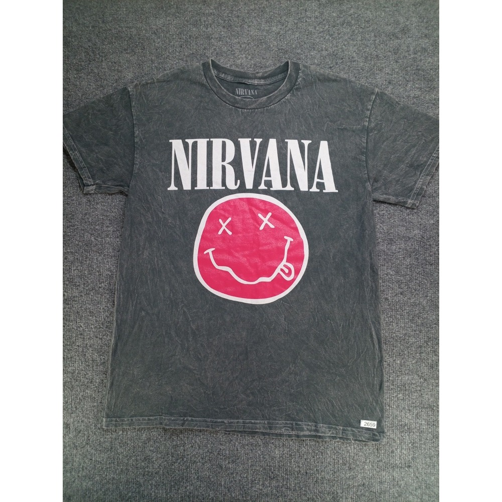 Nirvana Live 93 Tour Graphic T Shirt Mens M Black Acid Wash Smiley Grunge Ban